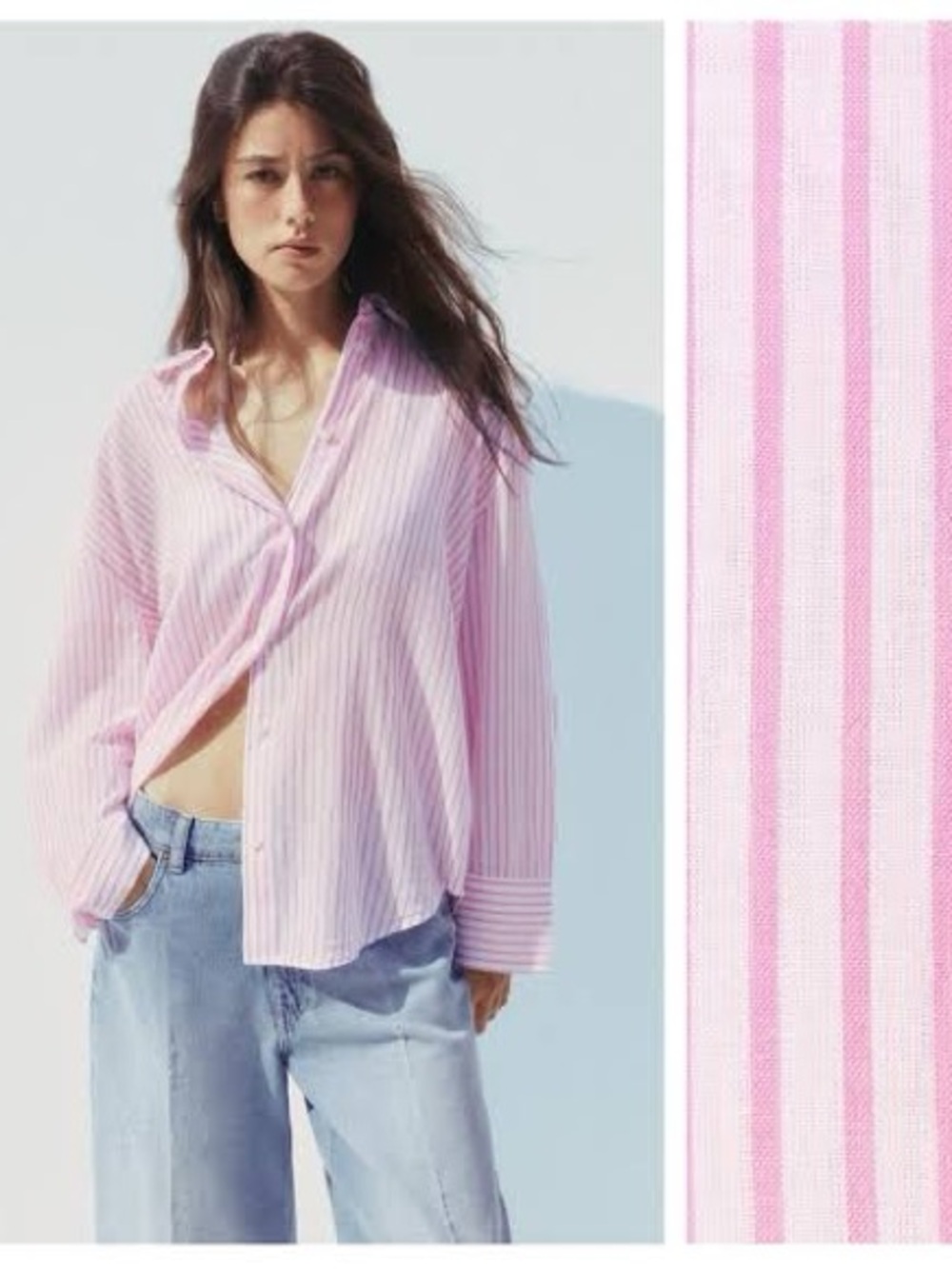 Zara 100% Cotton Yarn Pink Oversize Striped Shirt (Art. 7200/080/252) S